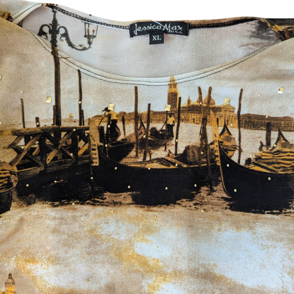 90s Jessica Max Stretchy Top XL Embellished Sepia Gondola Gondolier Venice - Picture 5 of 9